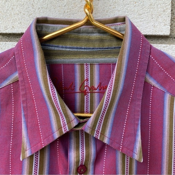 Robert Graham Striped Button Down Shirt L Burgundy Olive Blue Cotton Retro - Picture 7 of 12